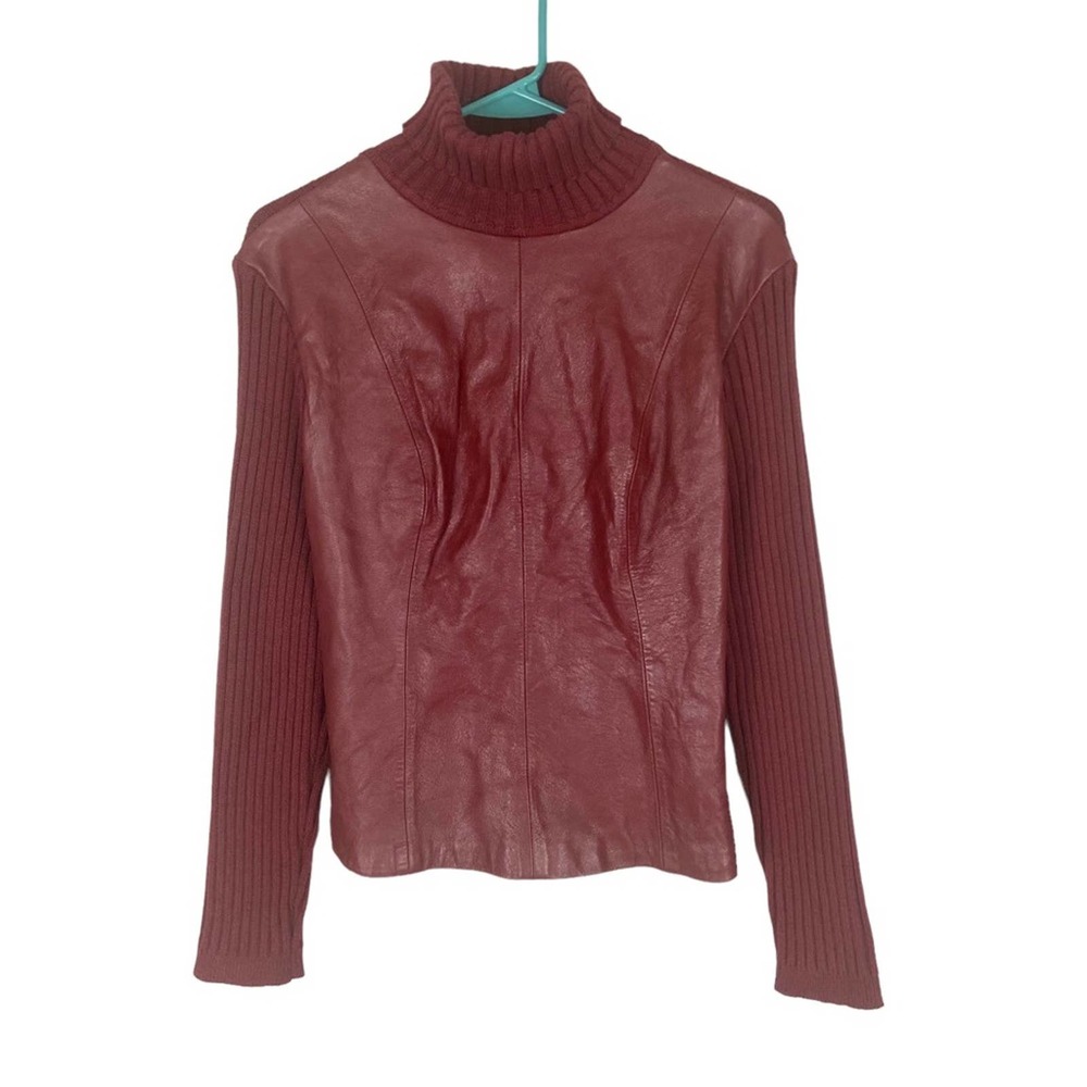 Genuine Leather Ribbed Knit Turtleneck Sweater